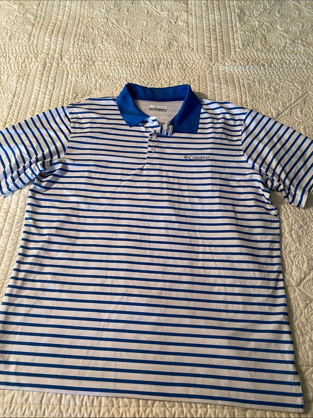 Columbia White and Blue Striped Vented Polo